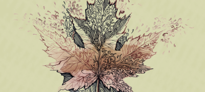 A multicolored leaf; light brown and green, on a pale yellow background.