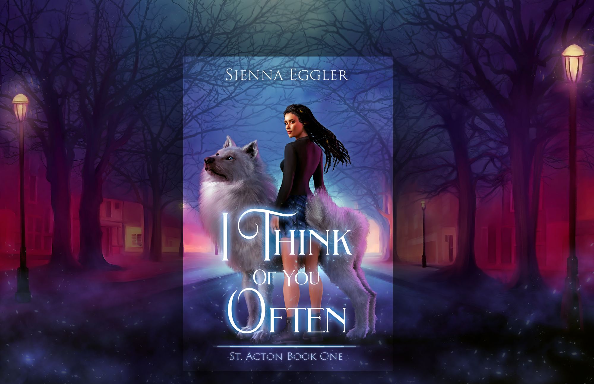 I Think of You Often (St. Acton, Book One). Cover features a biracial and femme presenting person posing with a wolf, in a darkish town with red and blueish hues.