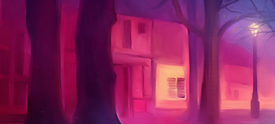 A town at night, set in reddish and blueish lighting. Trees are scattered around and there's a single light pole illuminating the area.