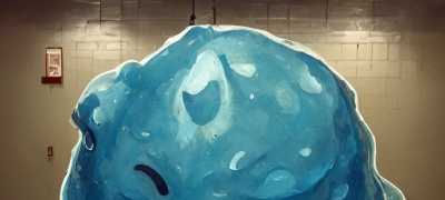 A blue slime on a cafeteria wall.