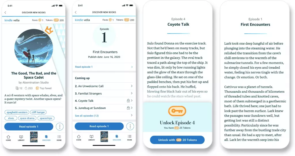 Four different views from a mobile phone, showing the story description page, a list of episodes, how to unlock and episode and the cost for doing so, and an unlocked episode.