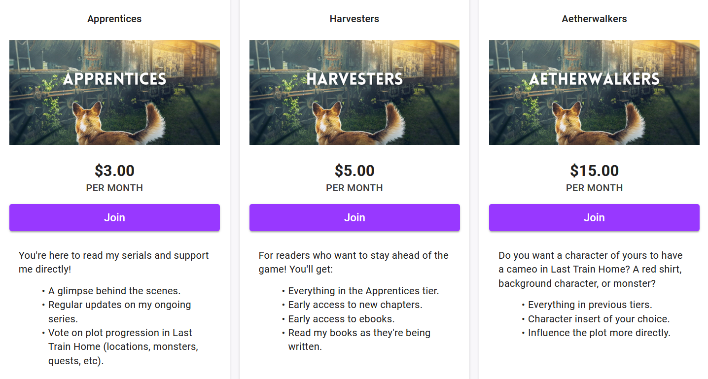 Three tiers: an intro tier at $3, an intermediate one at $5, and a more advanced one at $15 for Last Train Home.