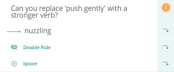 PWA suggesting I replace 'push gently' with nuzzling. The context was one character establishing a sexual boundary with their lover.