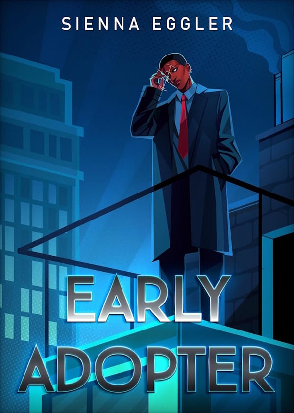 A Black masc person in a suit and tie, standing atop a building. They're fiddling with their cybernetic eye as they observe the streets below.