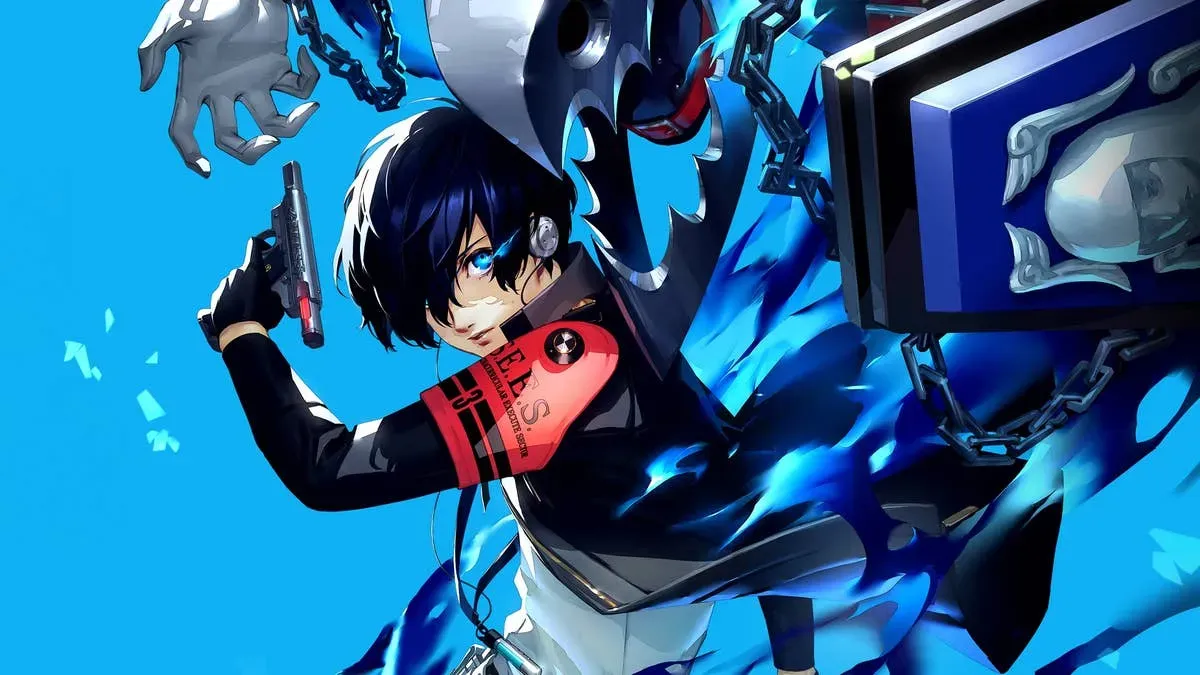 The silent protagonist from Persona 3 is featured alongside his Persona, Thanos. The protag has short dark blue hair and hol
