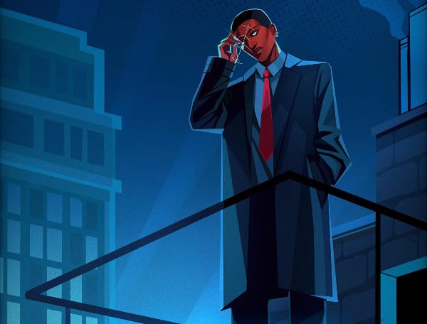 A Black masc person stands atop a building, fiddling with their cybernetic eye.