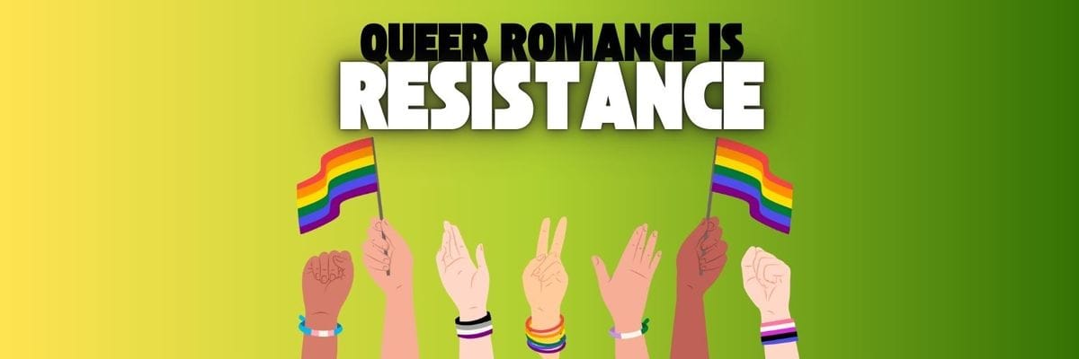 A banner with several hands of varying race, wearing pride braclets and holding rainbow flags.