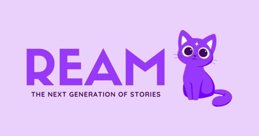 A purple cat with a star shaped mark on its forehead sits beside the text: Ream. The Next Generation of Stories.