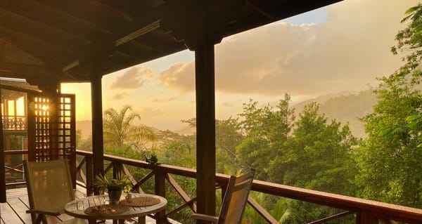 A cozy balcony overlooks tall trees and a lightening sky.