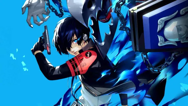The silent protagonist from Persona 3 is featured alongside his Persona, Thanos. The protag has short dark blue hair and hol