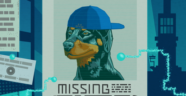 Holographic detective board, featuring the missing poster of a Doberman wearing a blue backwards hat.